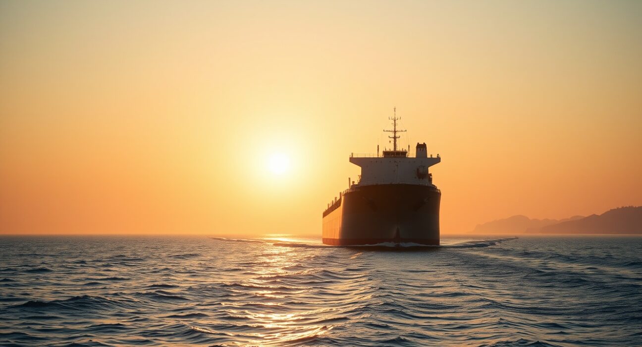 Oil tanker navigating the Strait of Hormuz at sunrise with Iranian coastline visible