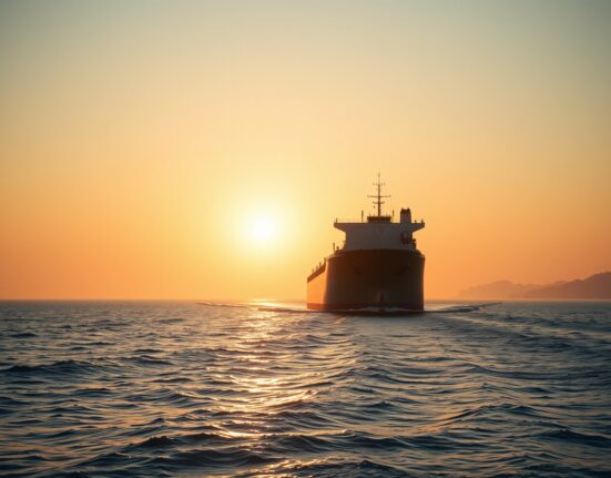 Oil tanker navigating the Strait of Hormuz at sunrise with Iranian coastline visible