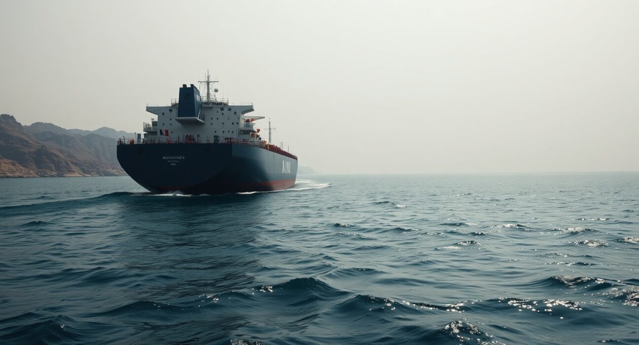Oil tanker navigating the Strait of Hormuz with arid coastline in background under overcast sky