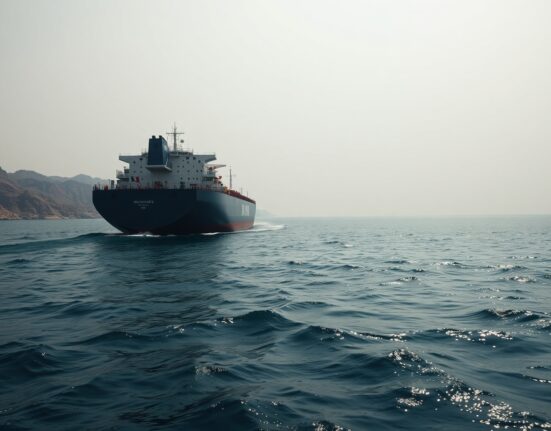 Oil tanker navigating the Strait of Hormuz with arid coastline in background under overcast sky