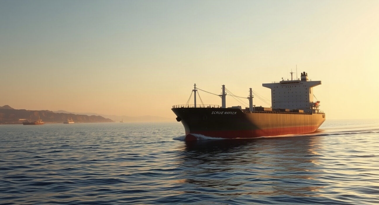 Oil tanker sailing through the Strait of Hormuz at sunrise, representing supply recovery and eased risk premium.