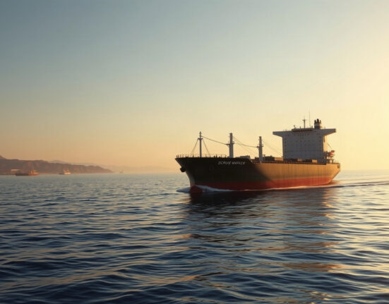 Oil tanker sailing through the Strait of Hormuz at sunrise, representing supply recovery and eased risk premium.