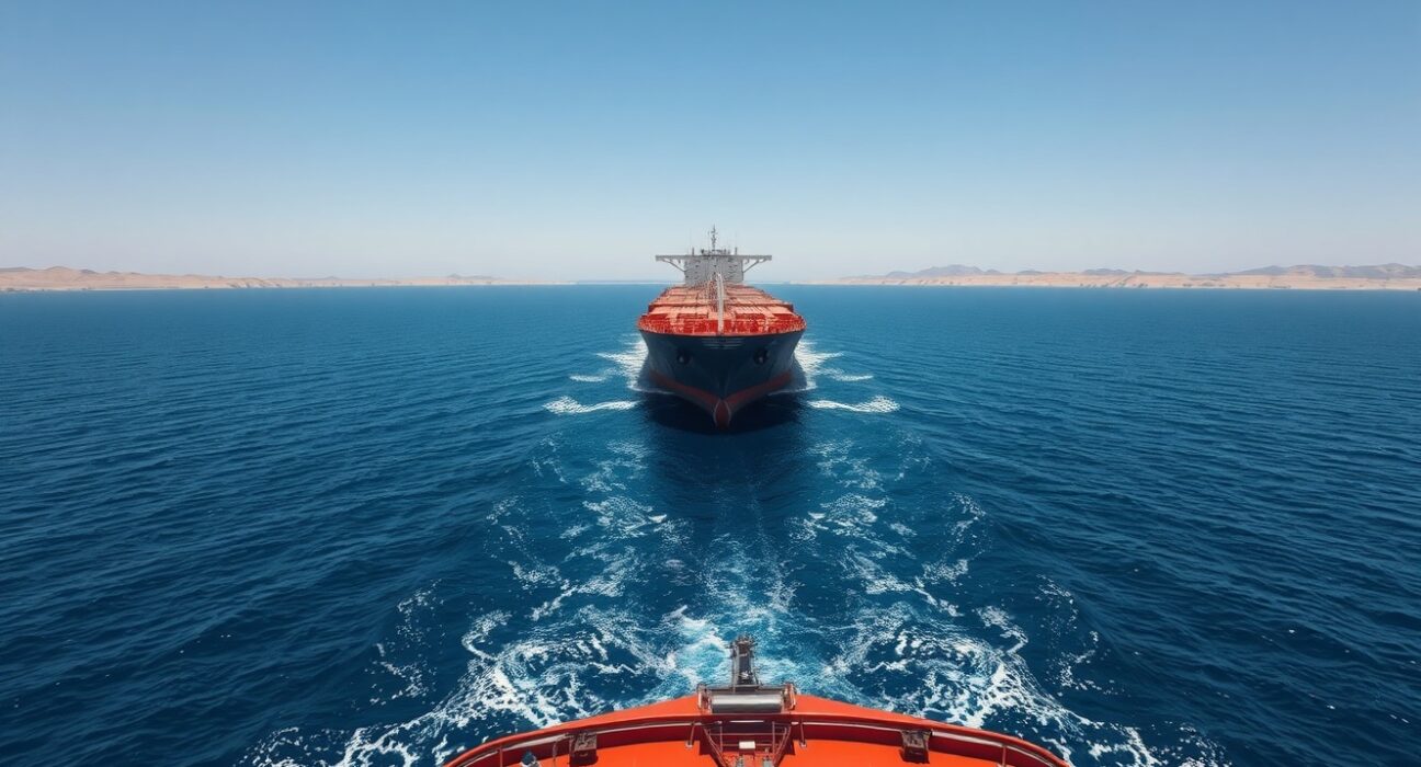 Oil tanker navigating the Strait of Hormuz amid rising geopolitical tensions.