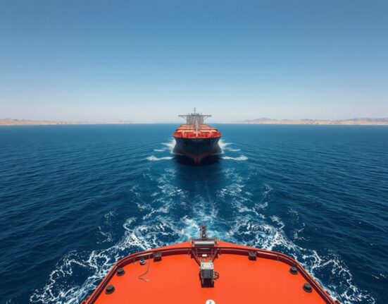 Oil tanker navigating the Strait of Hormuz amid rising geopolitical tensions.