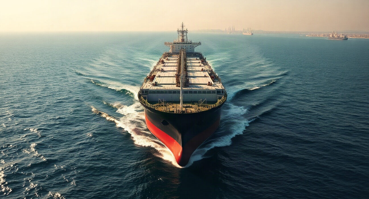 Oil tanker navigating the Strait of Hormuz, highlighting supply route risk.