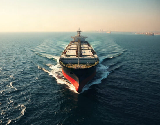 Oil tanker navigating the Strait of Hormuz, highlighting supply route risk.