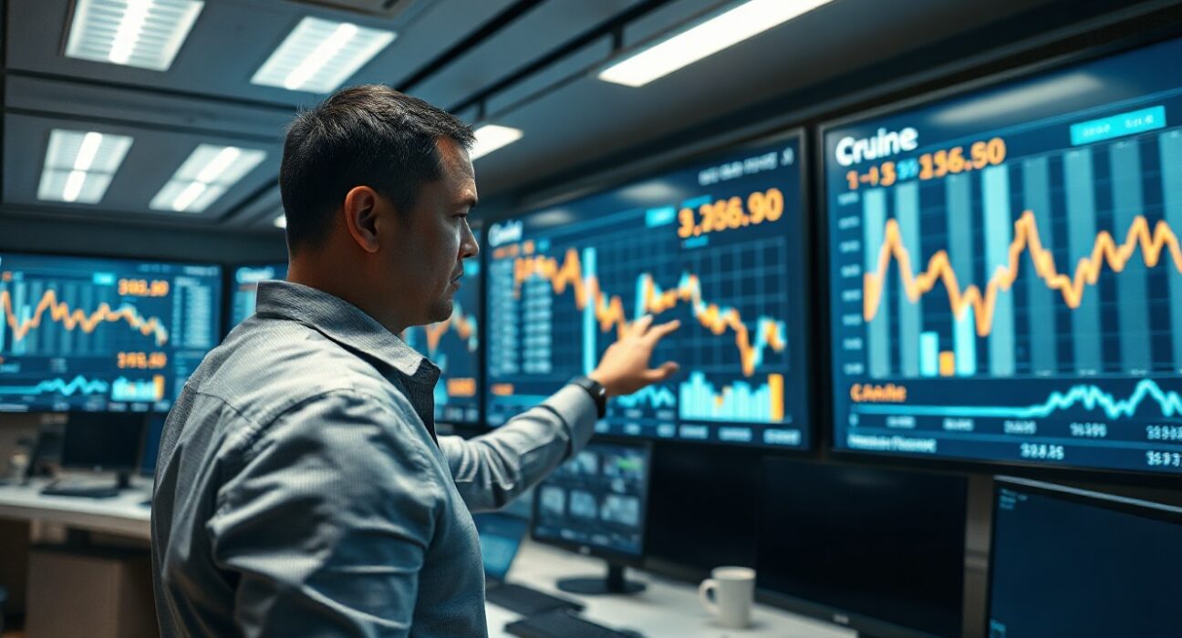 Energy analyst pointing at declining oil inventory chart on digital screen in trading control room