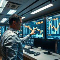 Energy analyst pointing at declining oil inventory chart on digital screen in trading control room