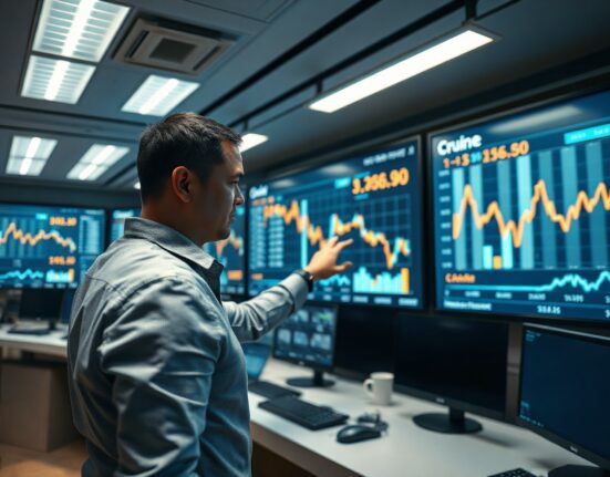 Energy analyst pointing at declining oil inventory chart on digital screen in trading control room