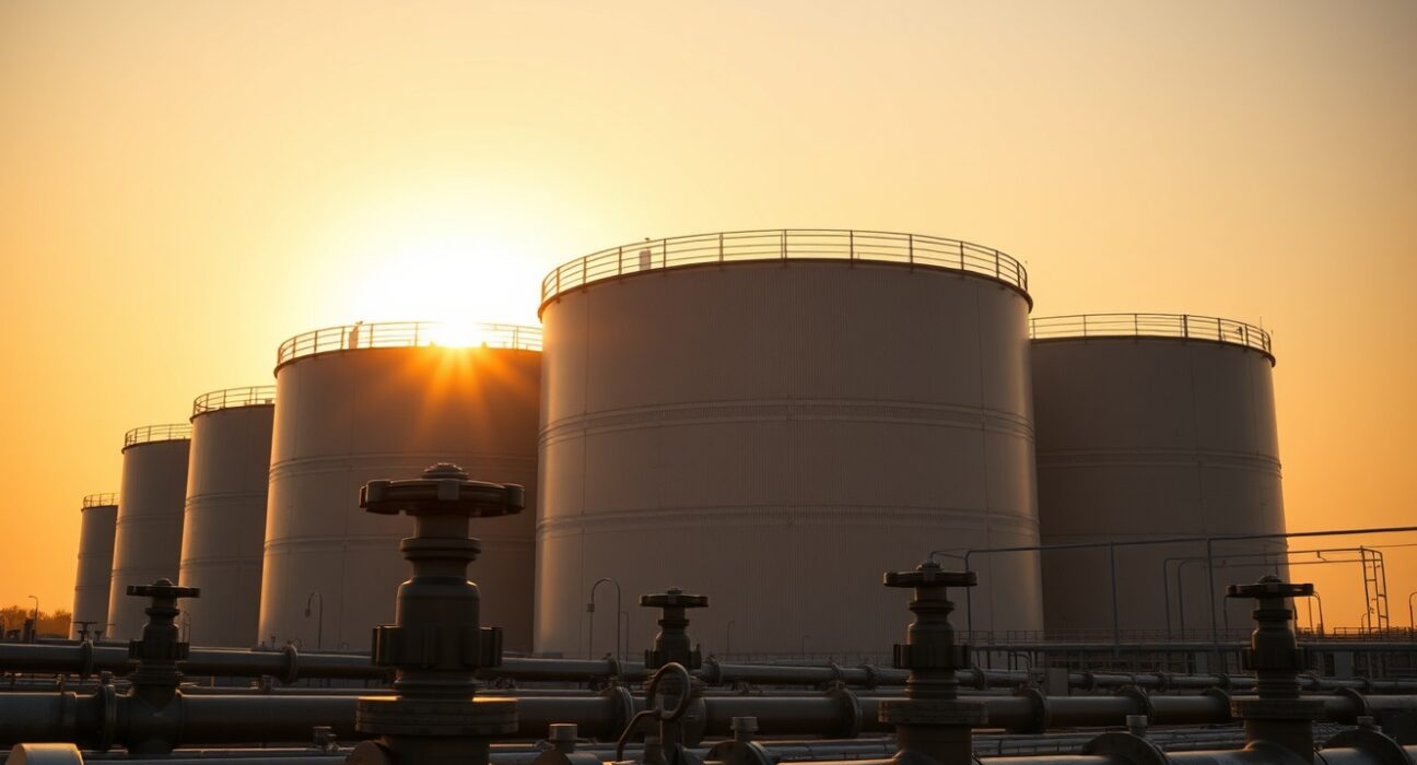 Crude oil storage tanks at a facility under a sunset sky, representing inventory drawdown and supported oil prices.