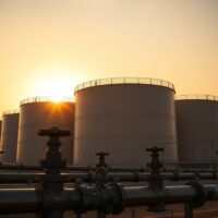Crude oil storage tanks at a facility under a sunset sky, representing inventory drawdown and supported oil prices.