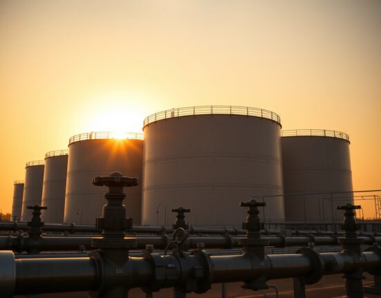 Crude oil storage tanks at a facility under a sunset sky, representing inventory drawdown and supported oil prices.