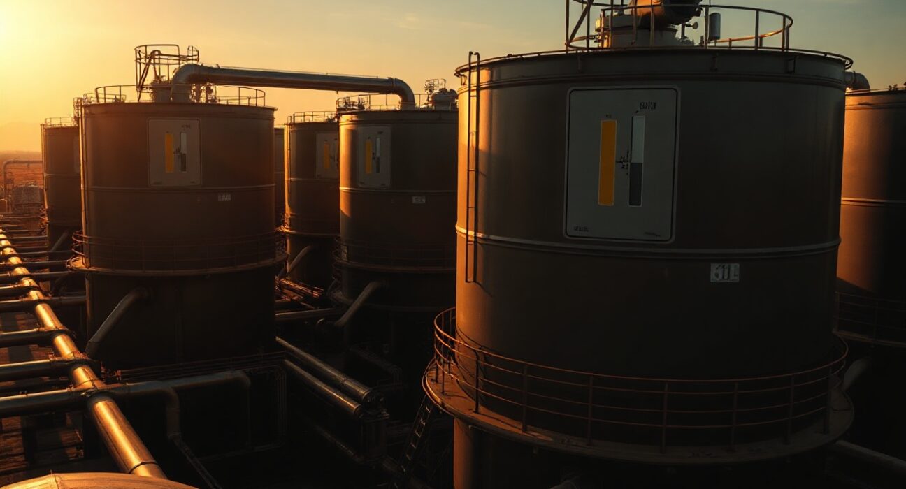 Oil storage tanks at a terminal during sunset, indicating low inventory levels.