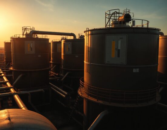 Oil storage tanks at a terminal during sunset, indicating low inventory levels.