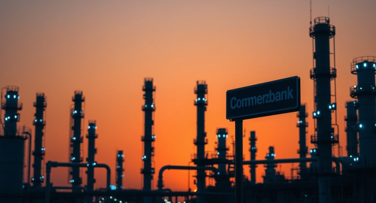 Oil refinery at dusk with Commerzbank analysis sign in foreground