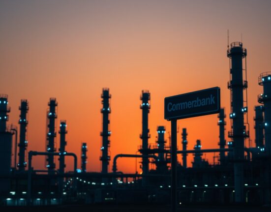 Oil refinery at dusk with Commerzbank analysis sign in foreground