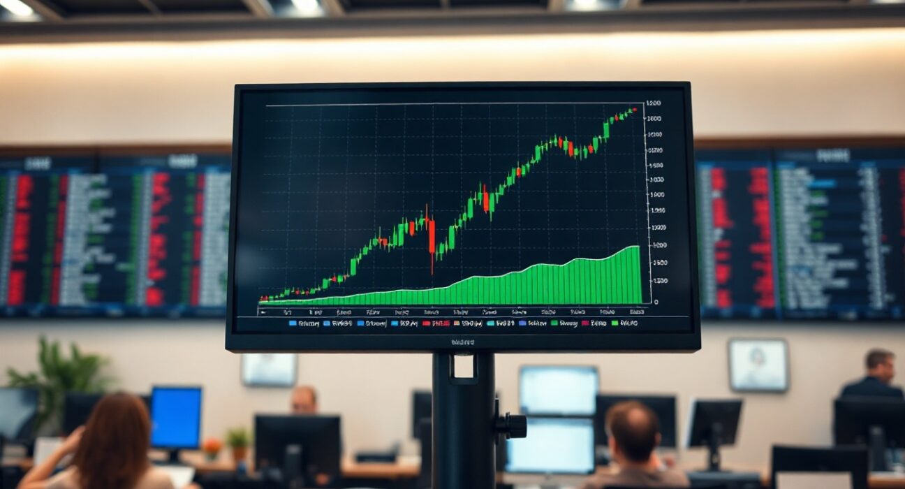 Stock market chart showing upward trend on a monitor in a trading floor