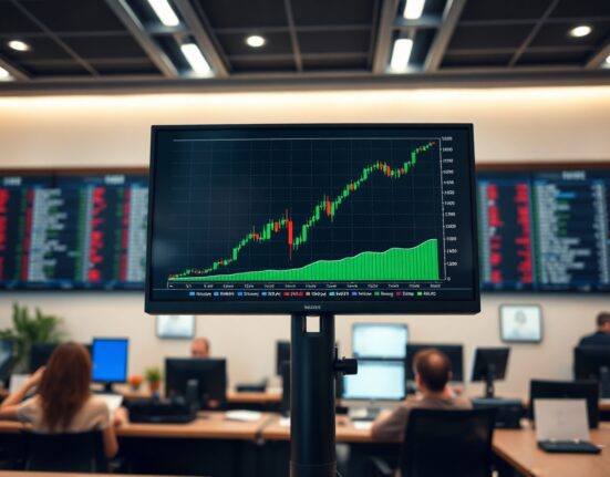 Stock market chart showing upward trend on a monitor in a trading floor