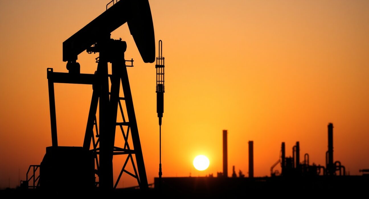 Oil pumpjack at sunset with refinery in background