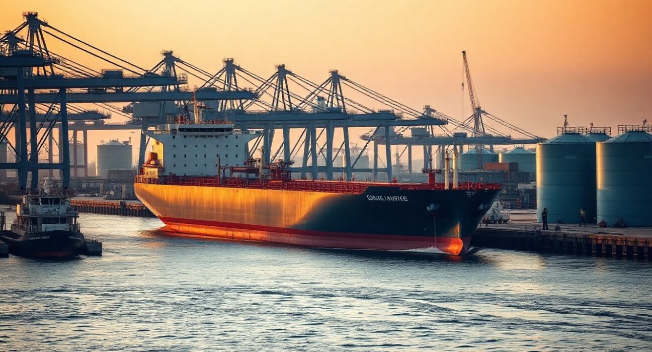 Oil tanker at port during sunrise representing global oil trade and supply dynamics