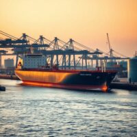 Oil tanker at port during sunrise representing global oil trade and supply dynamics