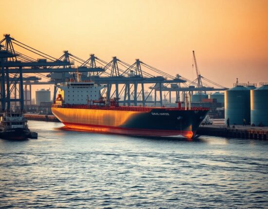 Oil tanker at port during sunrise representing global oil trade and supply dynamics