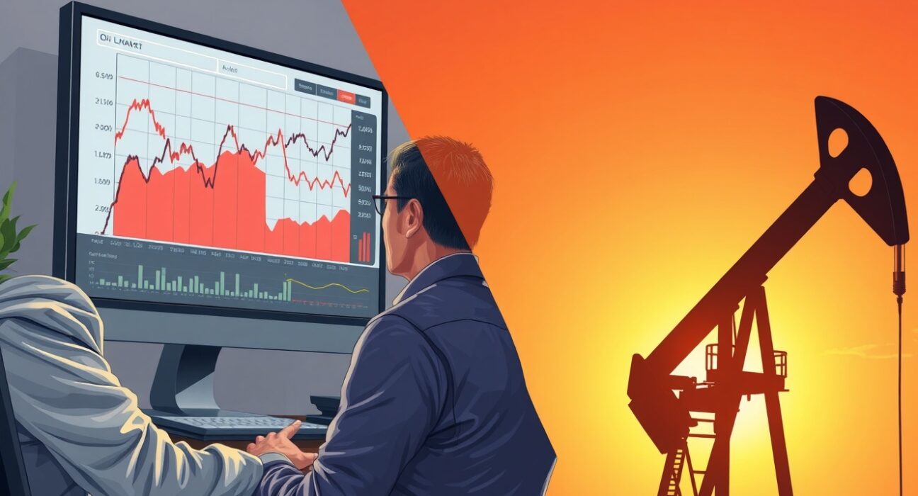 Analyst reviewing oil market data charts showing divergence between expectations and actual supply-demand figures.