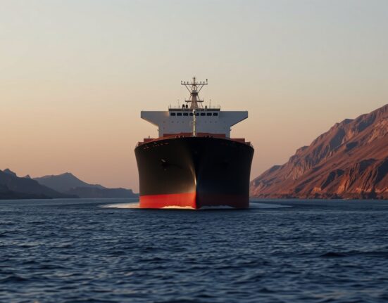 Oil tanker navigating the strategic Strait of Hormuz, representing global energy security risks.