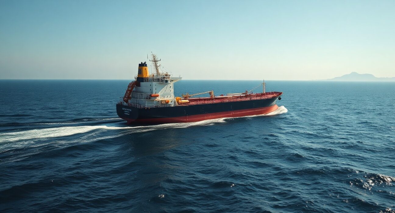 Crude oil tanker navigating the Strait of Hormuz with coastal landmasses in the background