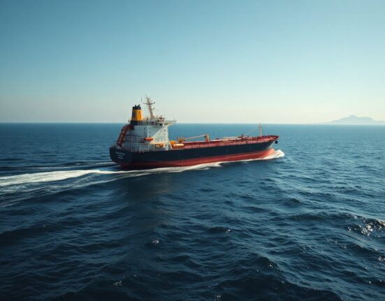 Crude oil tanker navigating the Strait of Hormuz with coastal landmasses in the background