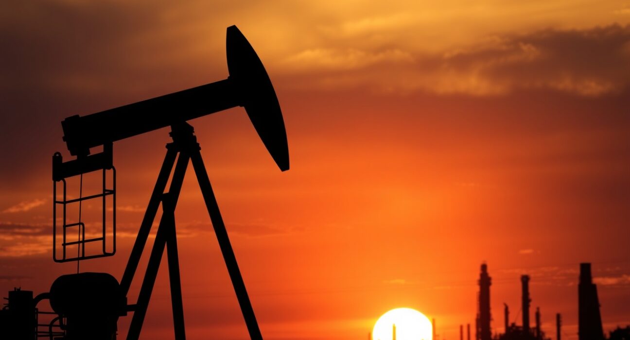 Crude oil pumpjack silhouetted against sunset sky with refinery in background.