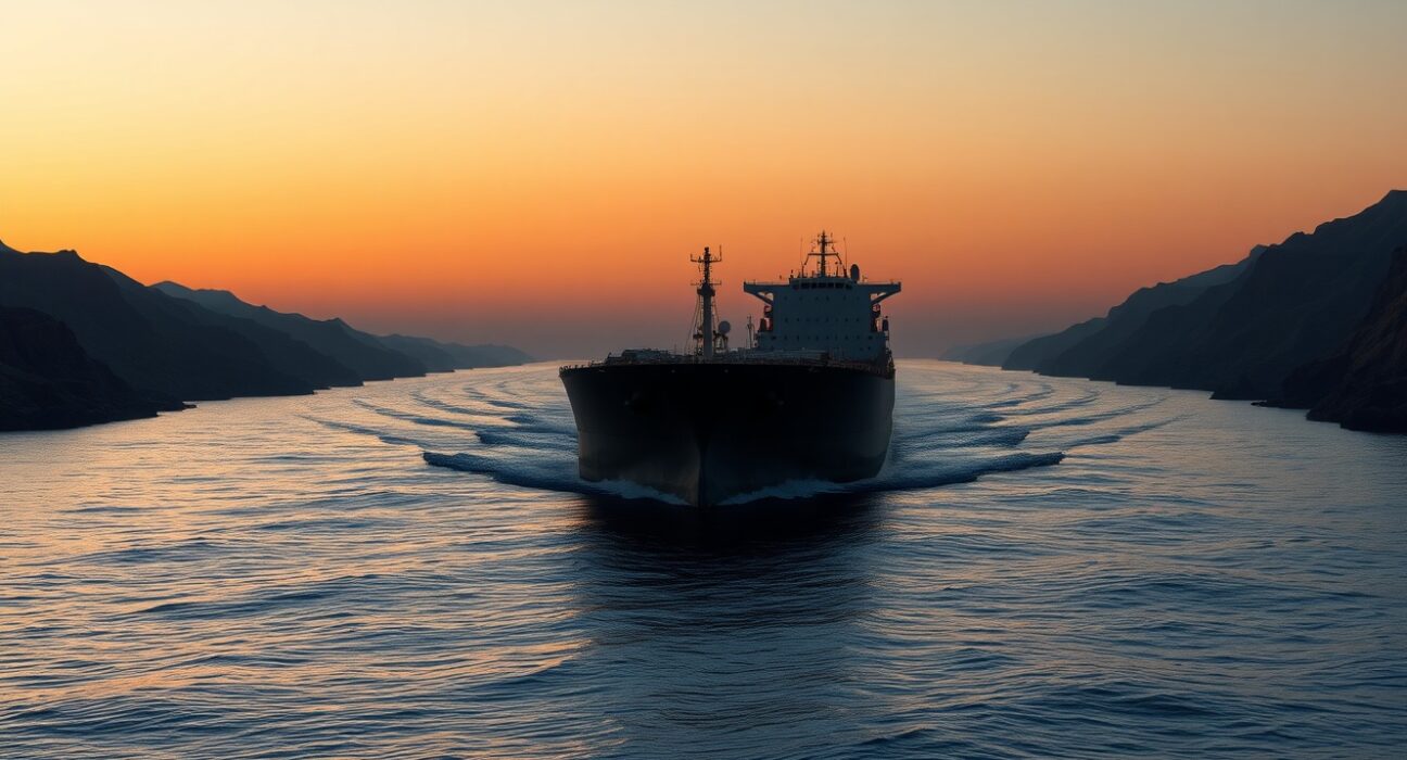 Oil tanker navigating the strategic Strait of Hormuz, representing key strait risks in the global oil market outlook.