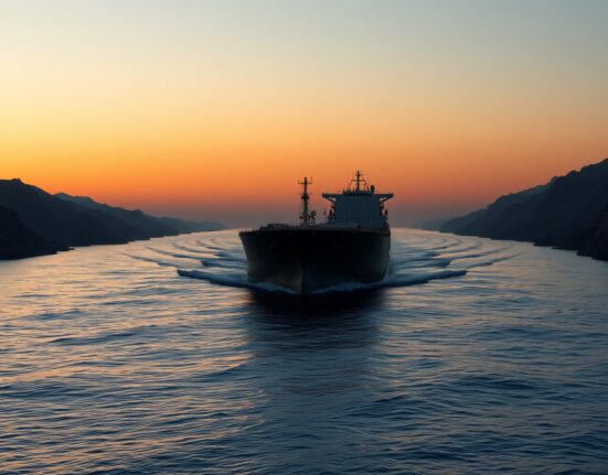 Oil tanker navigating the strategic Strait of Hormuz, representing key strait risks in the global oil market outlook.