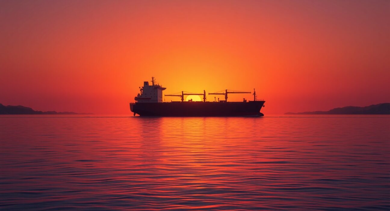 Oil tanker navigating the strategic Strait of Hormuz, representing critical oil market risks and supply chain vulnerabilities.