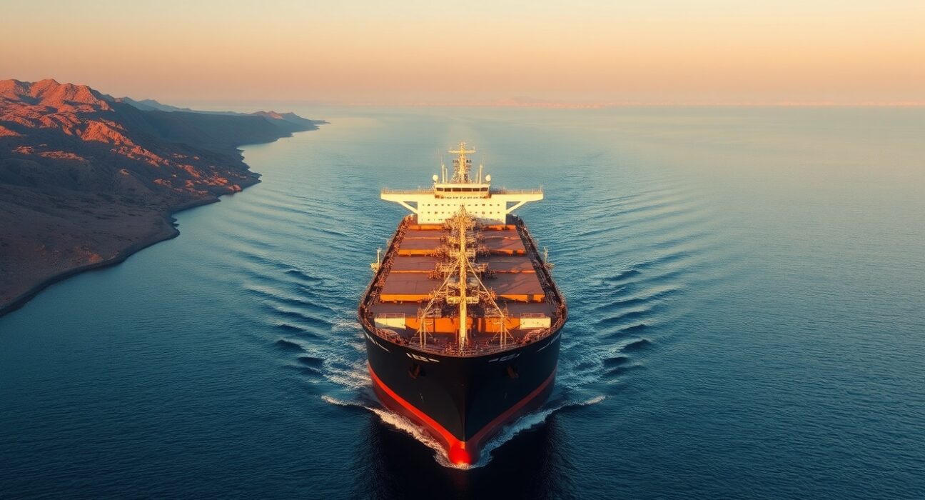 Oil tanker navigating strategic Strait of Hormuz chokepoint amid geopolitical tensions affecting global energy markets.