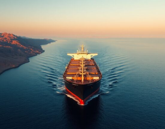 Oil tanker navigating strategic Strait of Hormuz chokepoint amid geopolitical tensions affecting global energy markets.