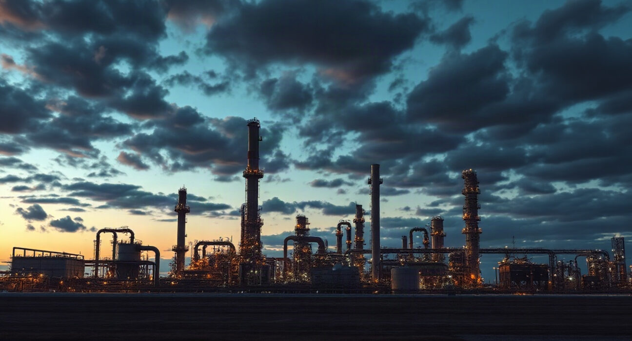 Oil refinery illuminated at dusk, representing the oil market tension from sanctions risk.