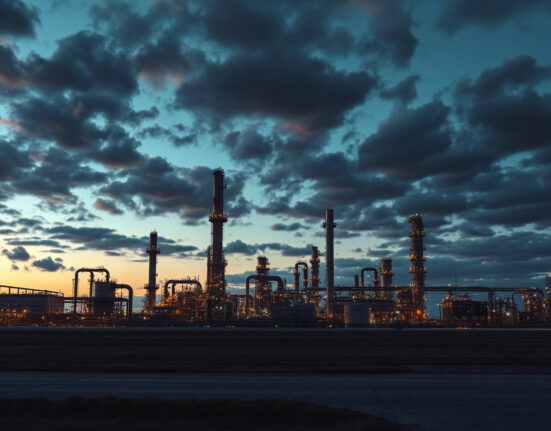 Oil refinery illuminated at dusk, representing the oil market tension from sanctions risk.