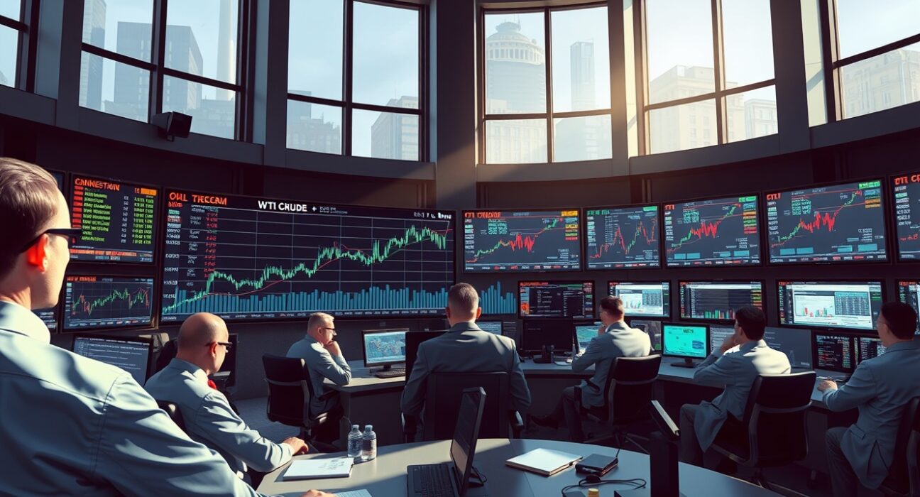 Oil market analysis showing traders monitoring price charts and supply risk data on a financial trading floor.