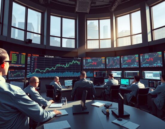 Oil market analysis showing traders monitoring price charts and supply risk data on a financial trading floor.