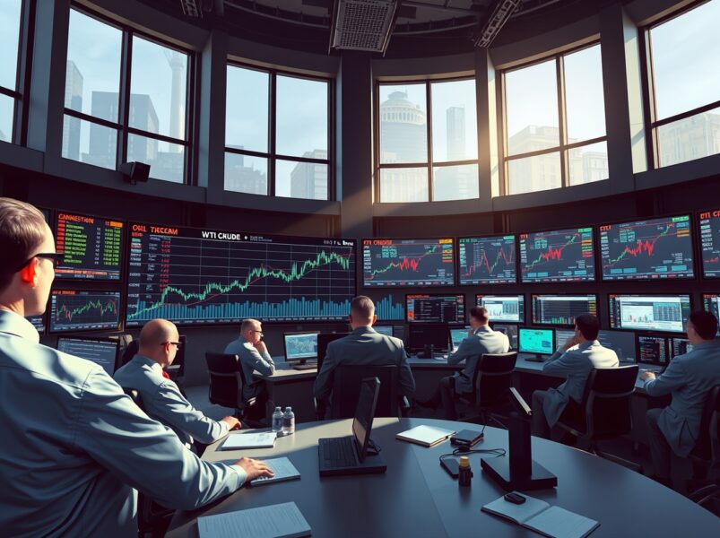 Oil market analysis showing traders monitoring price charts and supply risk data on a financial trading floor.