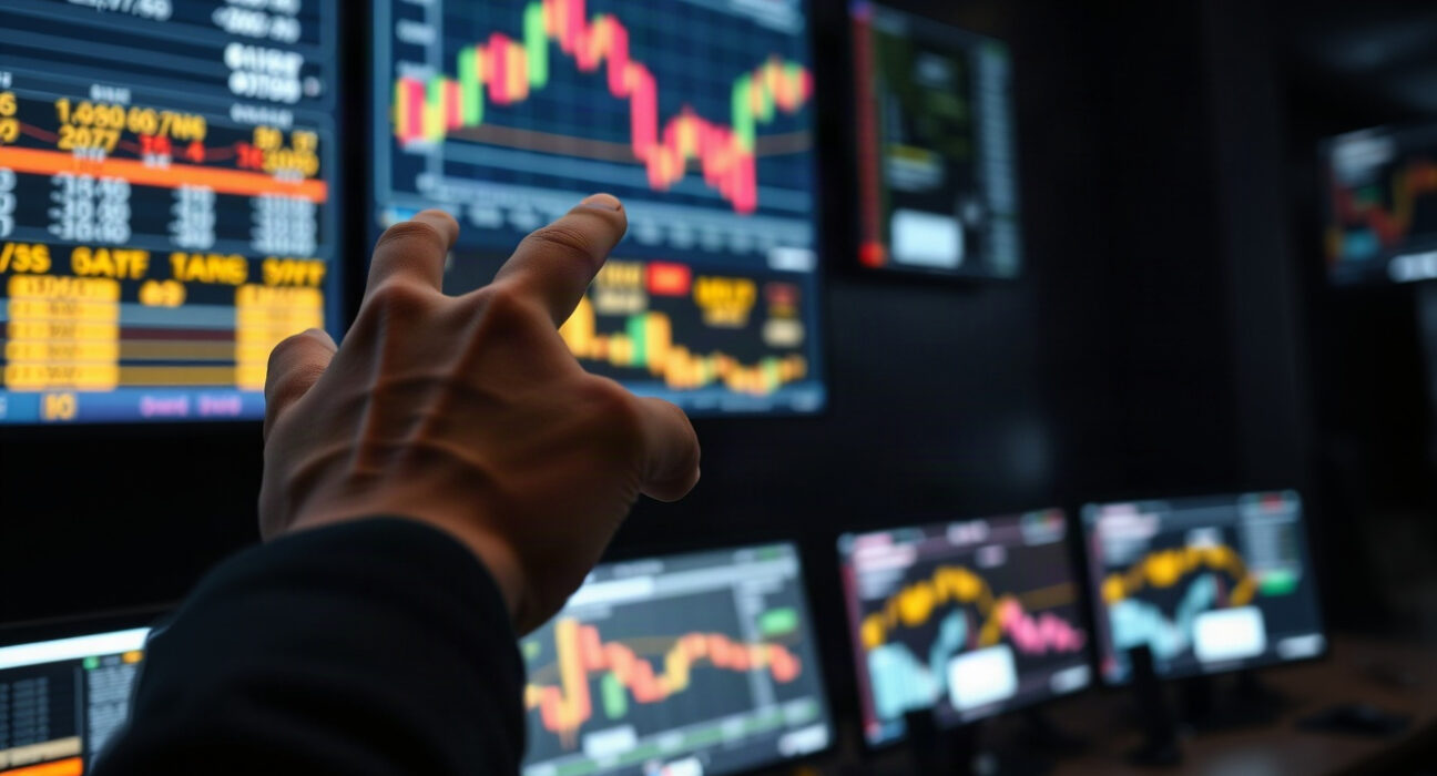 Oil trader monitoring crude price charts on a trading floor