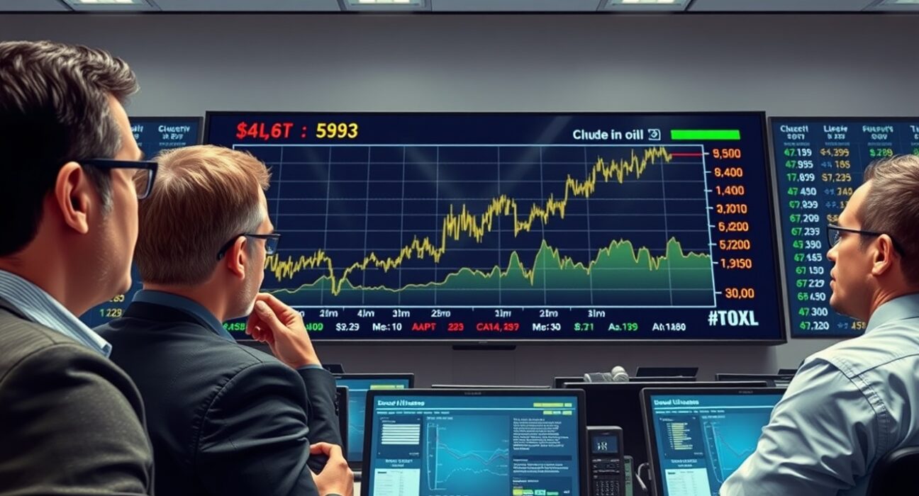 Analysts on a trading floor monitor a screen showing volatile oil price charts due to market tightness and supply shocks.