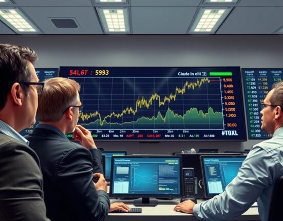 Analysts on a trading floor monitor a screen showing volatile oil price charts due to market tightness and supply shocks.
