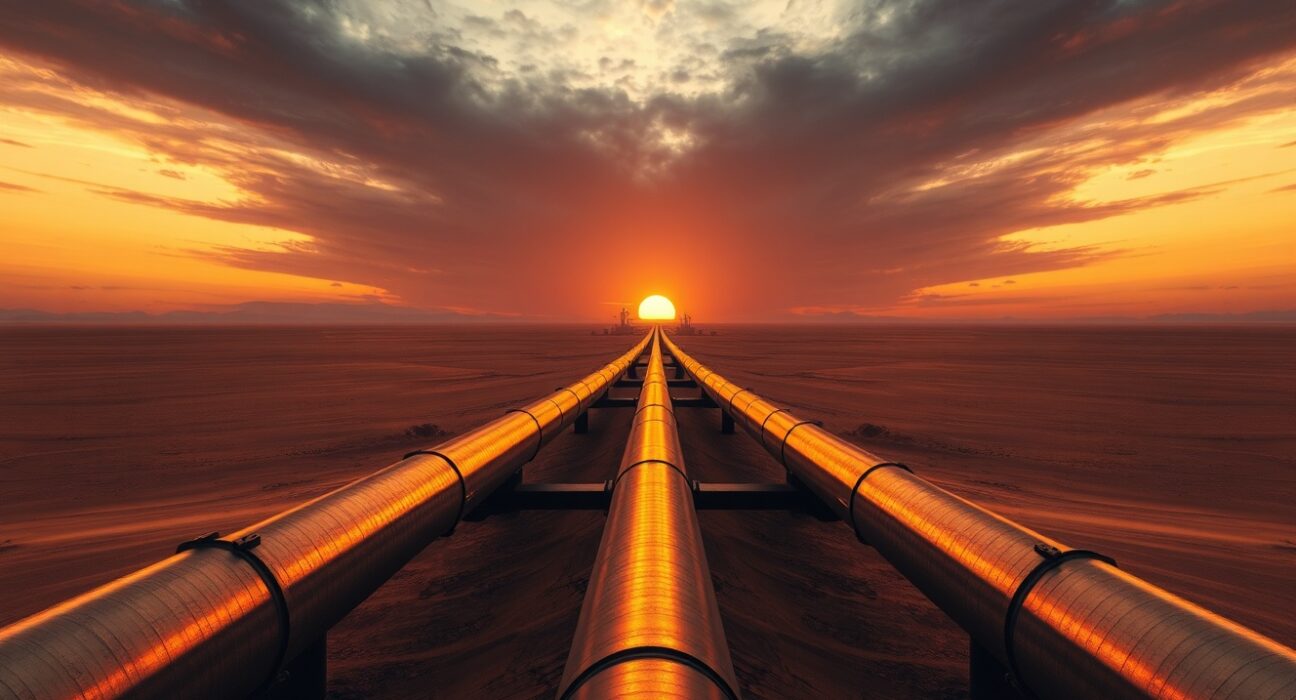 Diverging oil pipelines in desert landscape representing geopolitical market split