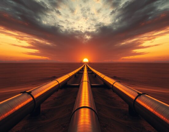 Diverging oil pipelines in desert landscape representing geopolitical market split