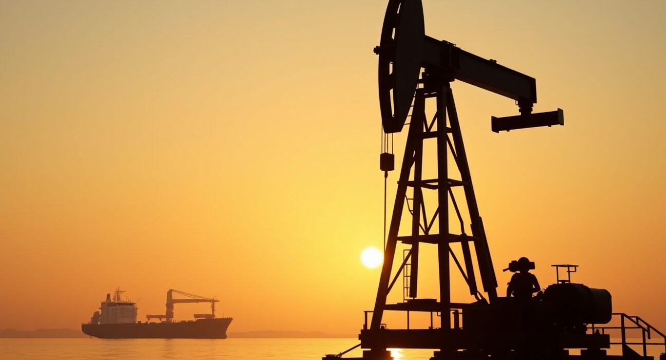 Oil pumpjack silhouette at sunset with cargo ship in background