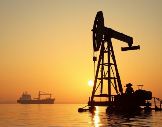 Oil pumpjack silhouette at sunset with cargo ship in background