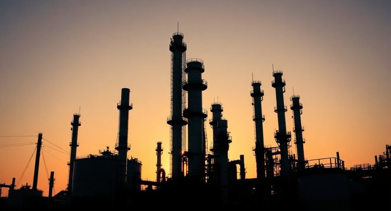 Oil refinery at sunset with storage tanks and distillation columns