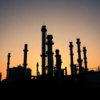 Oil refinery at sunset with storage tanks and distillation columns